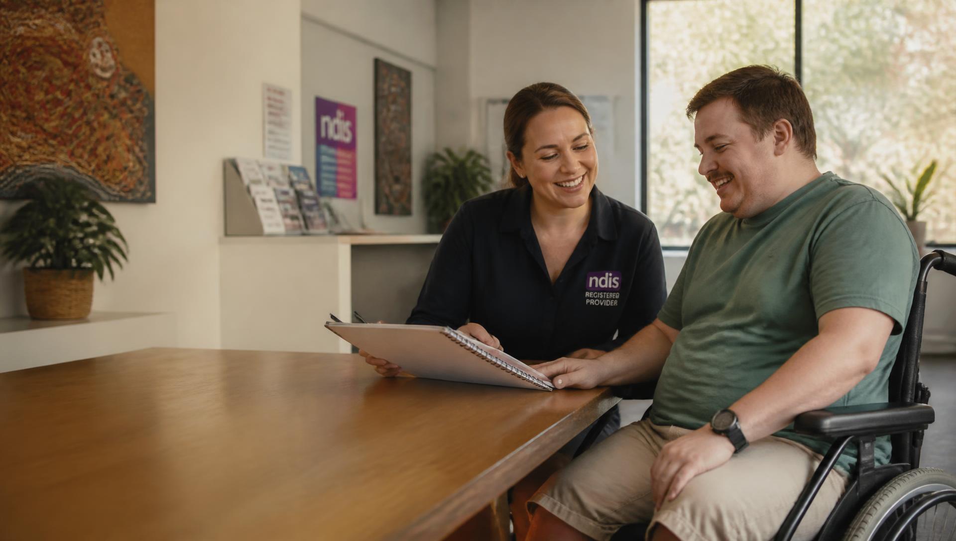 A support coordinator and a man who uses a wheelchair reading through an NDIS plan together at a sunlit table.